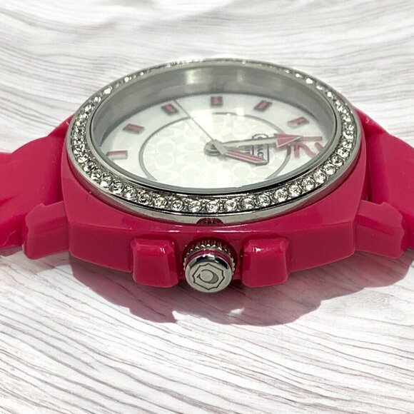 Coach Women\'s Boyfriend Watch Pink Silicone Strap With Crystal Bezel & Logo